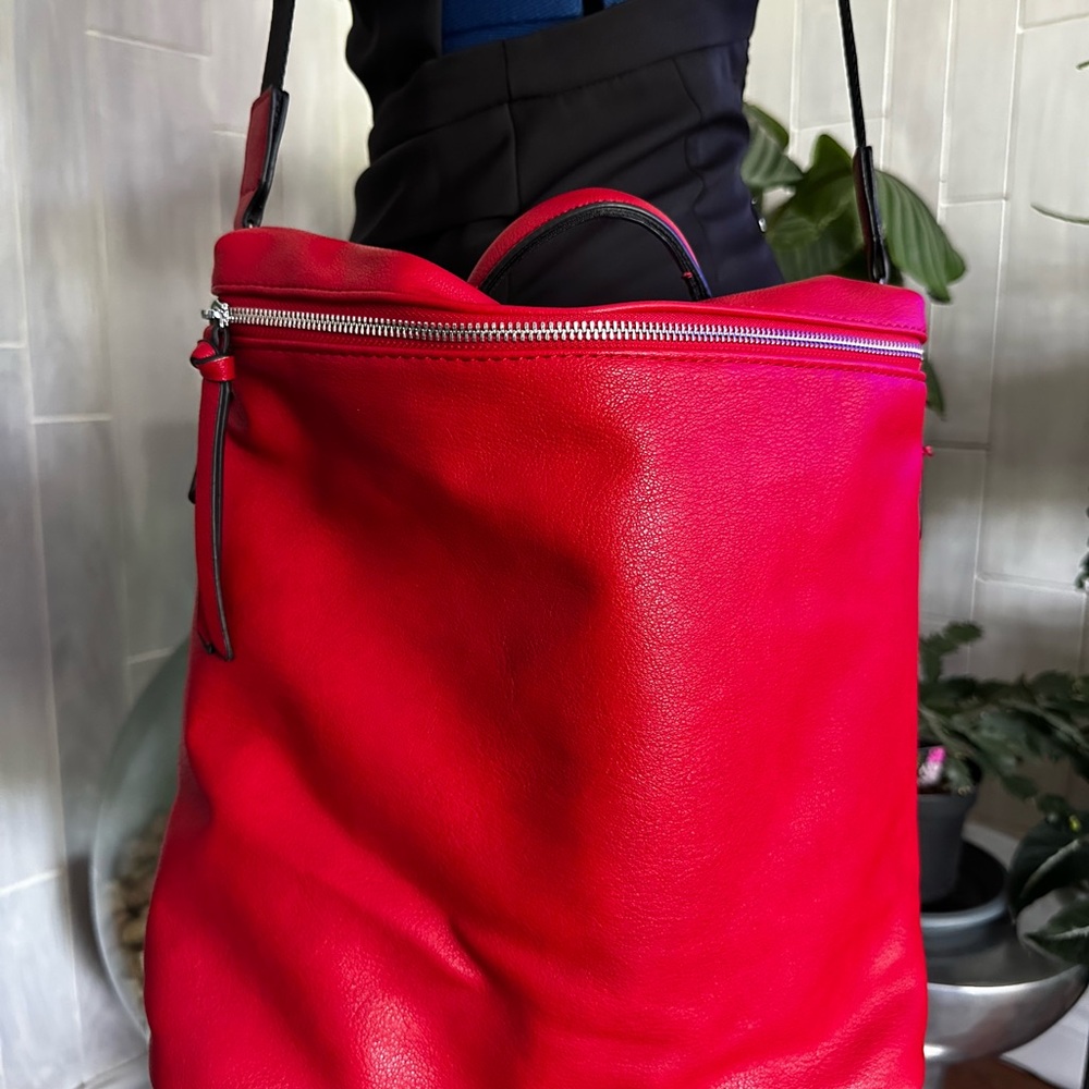 Vibrant Red Structured Shoulder Bag with Black Strap